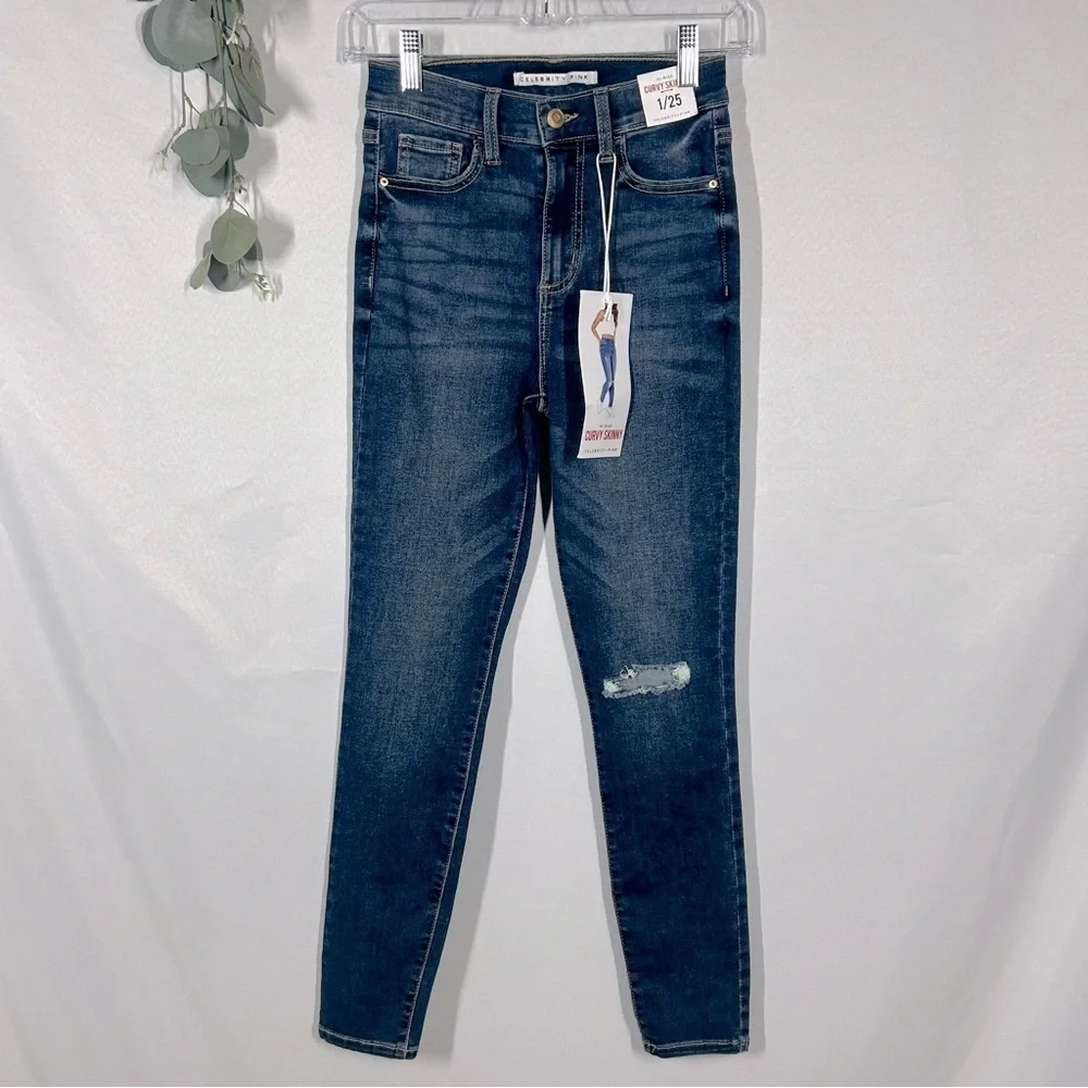 NWT Celebrity Pink | Curvy Skinny Hi-Rise Blue Distressed Jeans Size 1/25